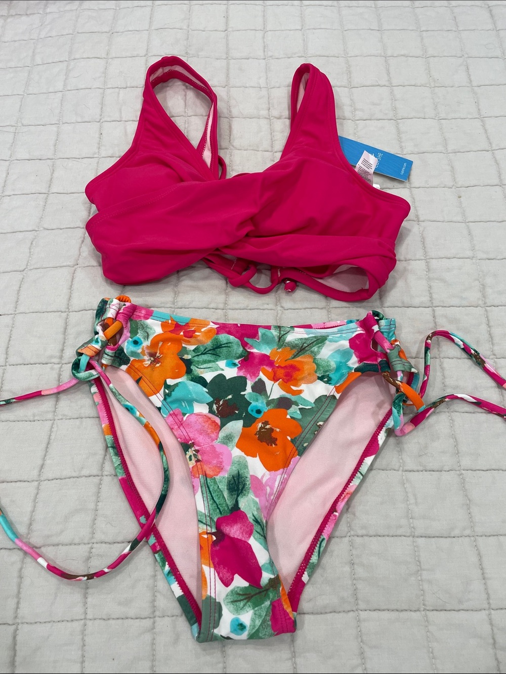 Cupshe Hot Pink & Floral Tie-Side Bikini Set